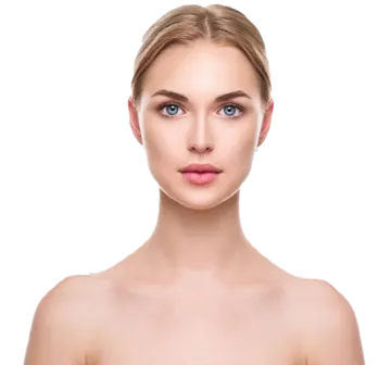 a woman's face with blue eyes