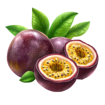 two passion fruit with green leaves on a white background
