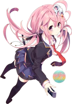 an anime girl with pink hair and black pants