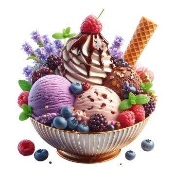 a bowl filled with ice cream, berries and chocolate