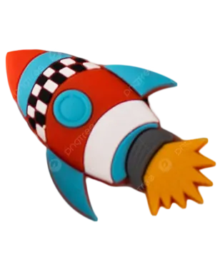 a red and blue toy rocket on a white background