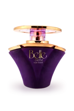 the back of a purple perfume bottle with gold lid