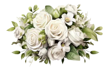 a bouquet of white roses and green leaves