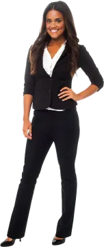 a woman in a black suit and white shirt