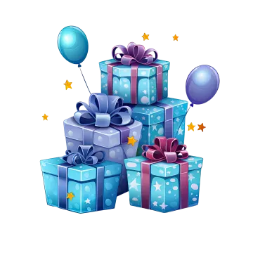 a pile of blue presents with balloons and stars