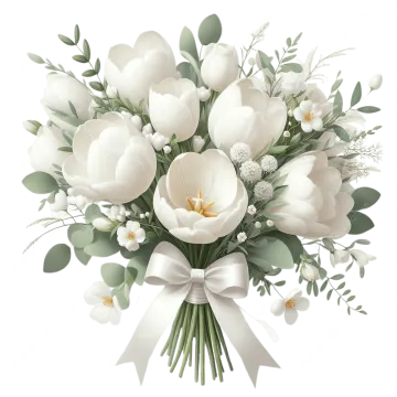 a bouquet with white flowers and green leaves