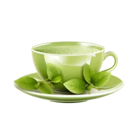 a cup of green tea with leaves on it