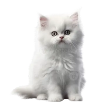 a white kitten sitting down looking at the camera