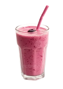 a glass with a pink smoothie in it