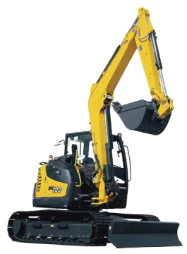 a yellow exor digger with a white background