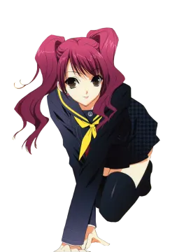 a girl with pink hair and a black suit