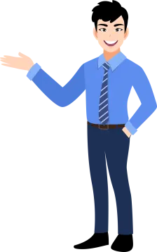 a man in a blue shirt and tie with his hands out