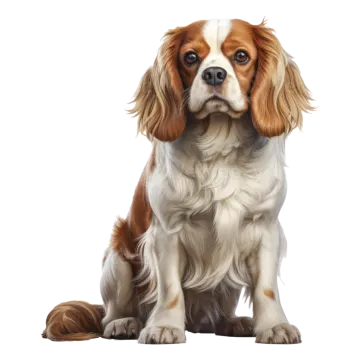 a brown and white dog sitting on a white background