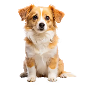 a small brown and white dog sitting on a white background