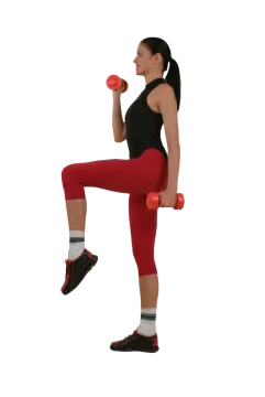 a woman in red leggings and a black tank top