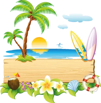 a beach scene with palm trees and surfboards
