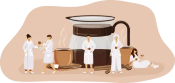 a group of people standing around a coffee pot
