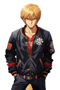 a man with blonde hair wearing a black jacket and red shirt, standing in front of a white background