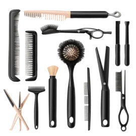 a set of hair brushes, combs and scissors