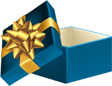 a blue gift box with a gold bow