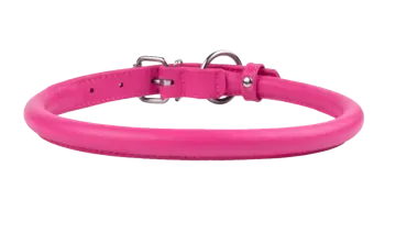 a pink leather dog collar with a metal buckle