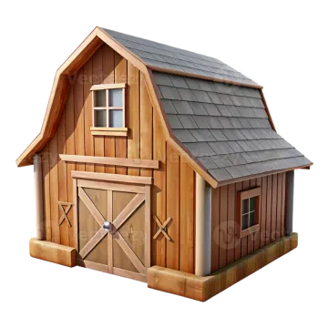 a small wooden barn with a gray roof