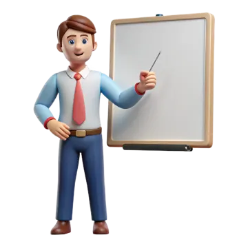 a 3d man standing next to a whiteboard