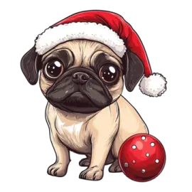 a pug wearing a santa hat and holding a red ball
