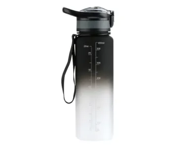 a black and white water bottle on a white background
