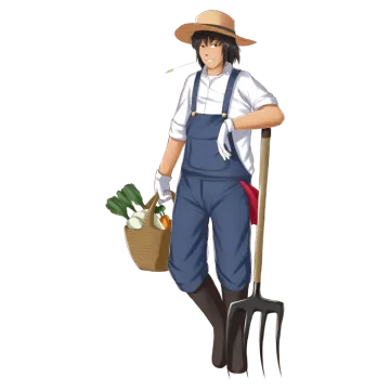 a woman in overalls and a hat holding a pitchfork