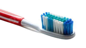 a toothbrush with blue and white brushes