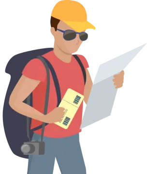 a man with a backpack and a passport