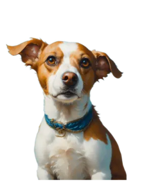 a brown and white dog with a blue collar