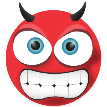 a red devil face with blue eyes and horns