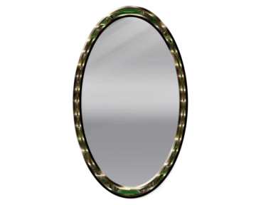 an oval mirror with a green and gold frame