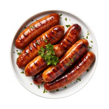 a plate of sausages on a white background