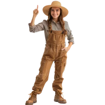 a little girl wearing a hat and overalls