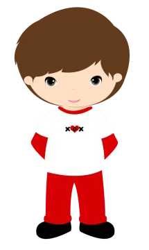 a boy wearing red pants and a white shirt