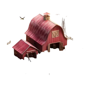 a red barn with a bird flying over it