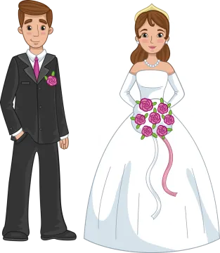 a cartoon illustration of a bride and groom