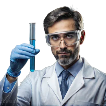 a man in a lab coat holding a test tube