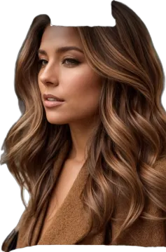 a woman with long wavy brown hair
