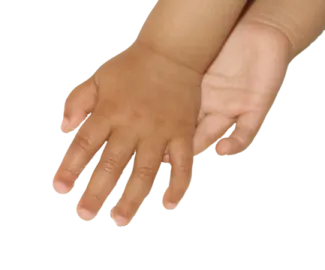 a small child's hand on a white background