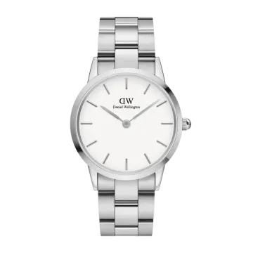 a silver watch with a white dial