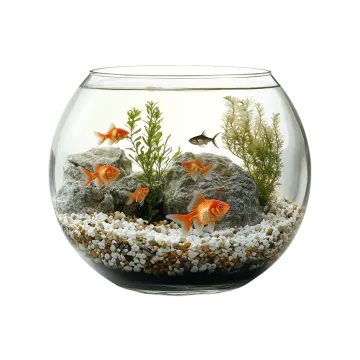a fish bowl filled with water and rocks