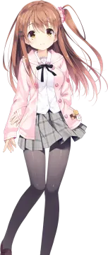 a girl in a school uniform with long hair and a pink jacket