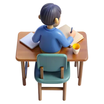 a person sitting at a desk with a book and pencil