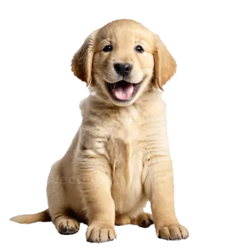 a puppy sitting down with its tongue out