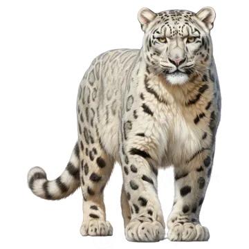 a snow leopard standing in front of a white background