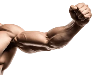 a man flexing his arm in the air